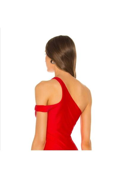 Zagrep Red Single Shoulder Collar Detailed Silk Jersey Women's Bodysuit