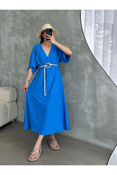 BEJNA Blaues Sommerkleid mit Gürtel für Damen
