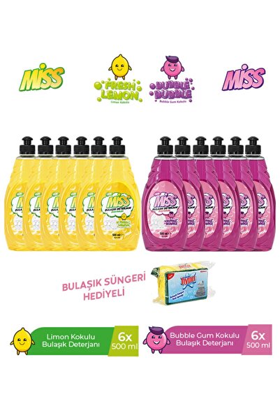 Miss MİSS BULAŞIK PAKETİ 500 ML LİMON X 6 + BUBBLE X 6 + BULAŞIK SÜNGERİ HEDİ...