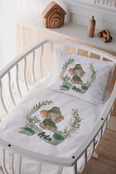 Lilabio %100 Pamuk Saten Isme Özel Isimli Anne Yanı Beşik Nevresim Takımı Fil