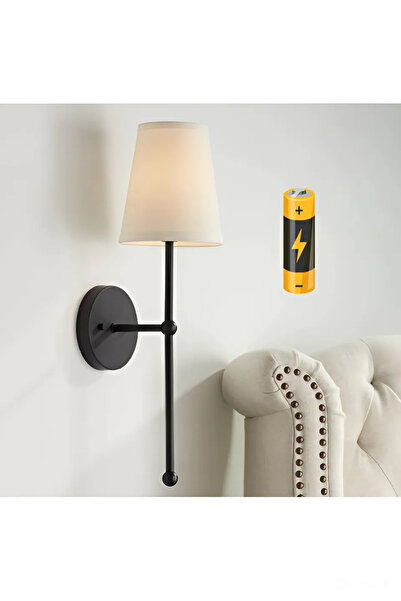 Fico Home Modern Pilli Aplik Tak Çalıştır Siyah Gövde Krem Abajur Duvar Aplik 1 Adet