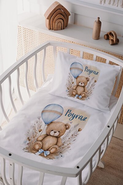 Lilabio %100 Pamuk Saten Isme Özel Isimli Anne Yanı Beşik Nevresim Takımı Ayıcık