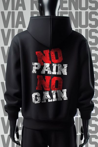 Vordevia Черен суитшърт с качулка и широк модел от 3 прежди No Pain No Gain - с щампа отпред и отзад