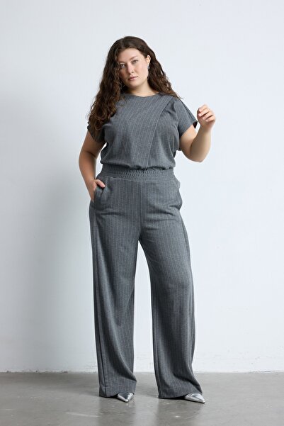 LUOKK PEYTON Nervür Detaylı Geniş Paça Büyük Beden Çizgili Pantolon Antrasit-...