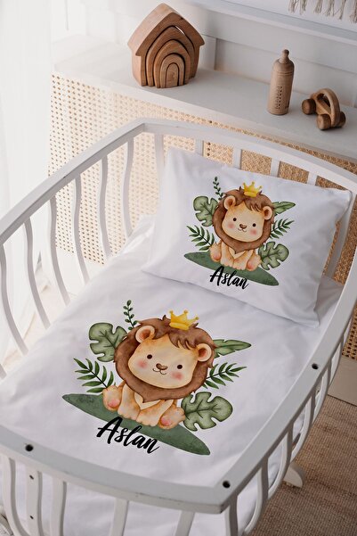 Lilabio %100 Pamuk Saten Isme Özel Isimli Anne Yanı Beşik Nevresim Takımı Aslan