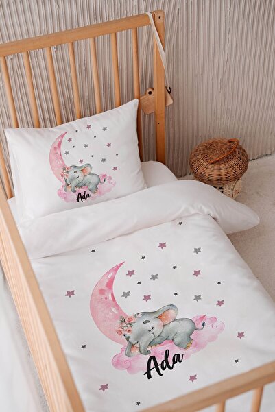 Lilabio %100 Pamuk Saten Isme Özel Isimli 100x150 Bebek Yatak Nevresim Seti Fil