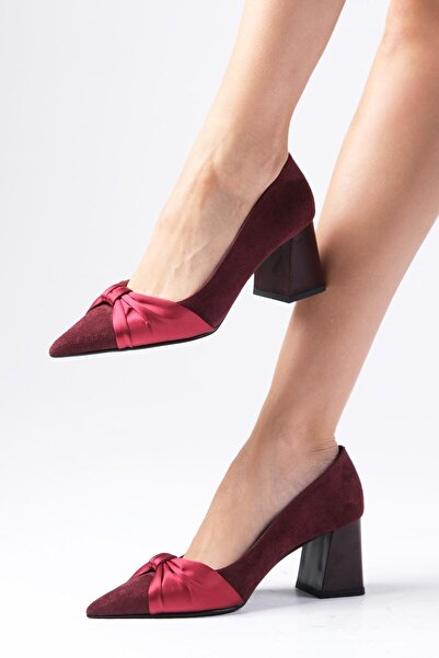 Mio Gusto Burgundy Suede Pointed Toe - Thick Heeled Women's Shoes with Satin Bow Detail