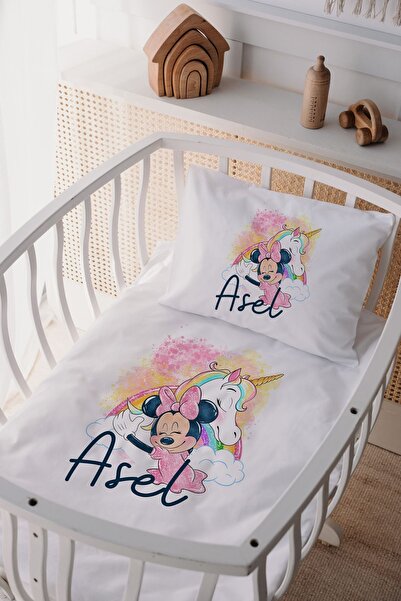 Lilabio %100 Pamuk Saten Isme Özel Isimli Anne Yanı Beşik Nevresim Takımı Minnie