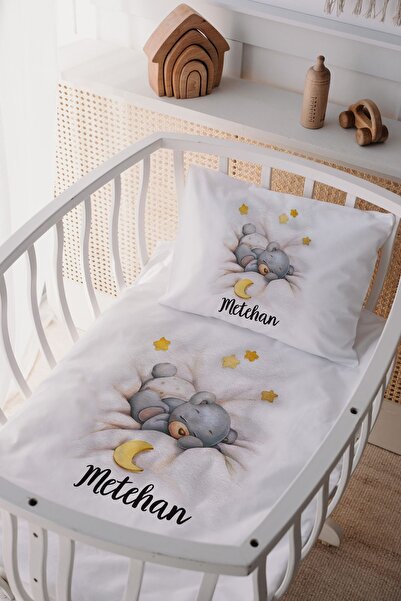 Lilabio %100 Pamuk Saten Isme Özel Isimli Anne Yanı Beşik Nevresim Takımı Ayıcık