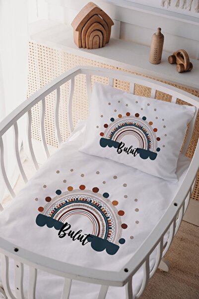 Lilabio %100 Pamuk Saten Isme Özel Isimli Anne Yanı Beşik Nevresim Takımı Gök...