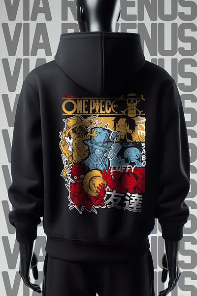 Vordevia One Piece 3 Thread Wide Fit - Front and Back Printed Black Hooded Sweatshirt