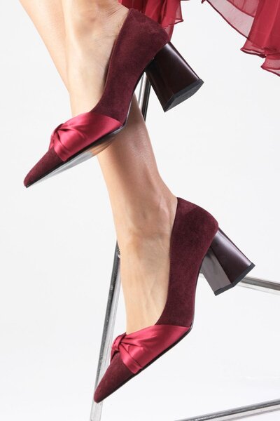 Mio Gusto Burgundy Suede Pointed Toe - Thick Heeled Women's Shoes with Satin Bow Detail