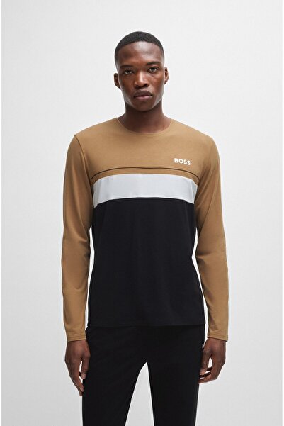 BOSS Erkek %100 Pamuklu Basic Uzun Kollu Sıfır Yaka Marka Logolu Siyah T-Shir...