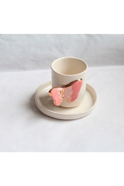 sukupotCeramics Pink Butterfly Decorated Coffee Cup with 24K Gold Detail