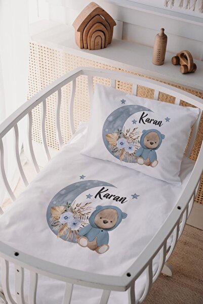 Lilabio %100 Pamuk Saten Isme Özel Isimli Anne Yanı Beşik Nevresim Takımı Mav...