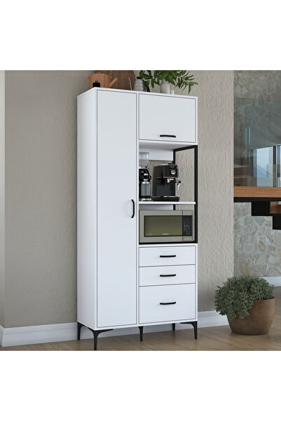 Rani Mobilya Rani JE112 Çok Amaçlı Dolap 2 Kapaklı 3 Çekmeceli Kiler Mutfak Dolabı Beyaz