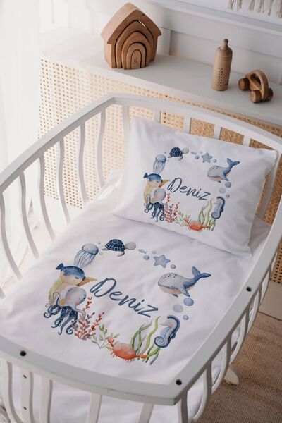 Lilabio %100 Pamuk Saten Isme Özel Isimli Anne Yanı Beşik Nevresim Takımı Aht...