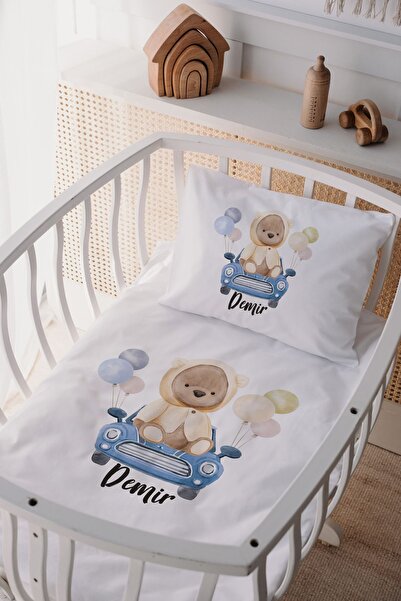 Lilabio %100 Pamuk Saten Isme Özel Isimli Anne Yanı Beşik Nevresim Takımı Ayı...