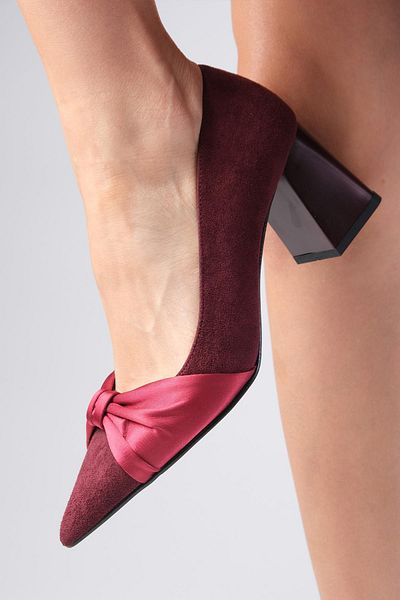 Mio Gusto Burgundy Suede Pointed Toe - Thick Heeled Women's Shoes with Satin Bow Detail