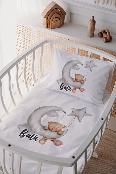 Lilabio %100 Pamuk Saten Isme Özel Isimli Anne Yanı Beşik Nevresim Takımı Ayıcık