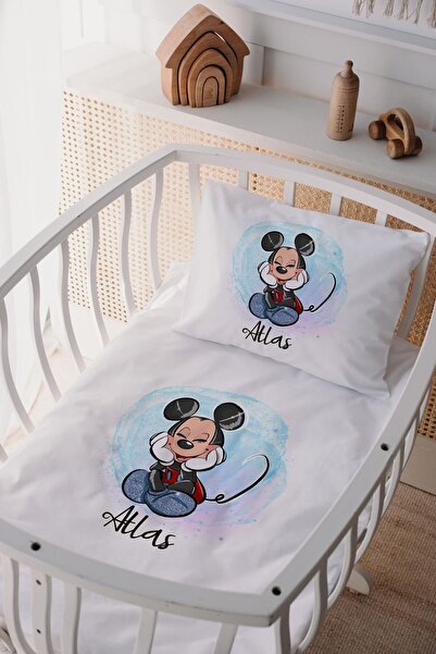 Lilabio %100 Pamuk Saten Isme Özel Isimli Anne Yanı Beşik Nevresim Takımı Mickey