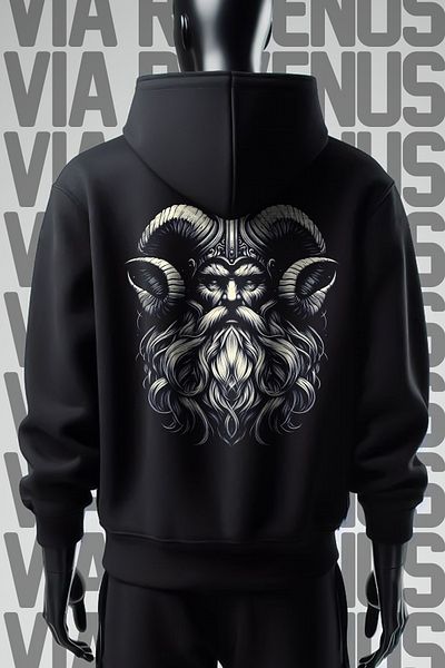 Vordevia Черен суитшърт с качулка Odin с 3 нишки и широк мотив - с щампа отпред и отзад