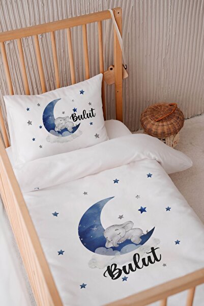 Lilabio %100 Pamuk Saten Isme Özel Isimli 100x150 Bebek Yatak Nevresim Seti Fil