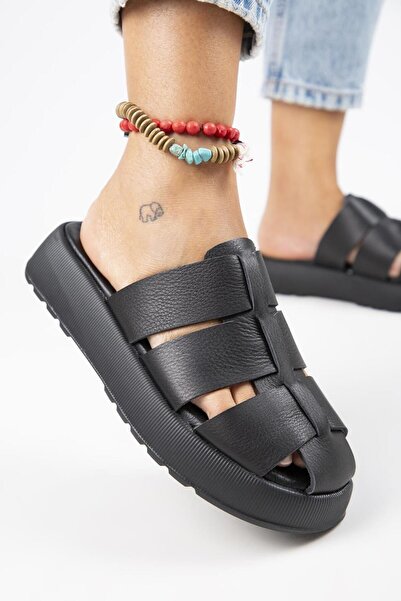 Manijero Γυναικείες μαύρες γνήσιες δερμάτινες παντόφλες Sabo Rodin