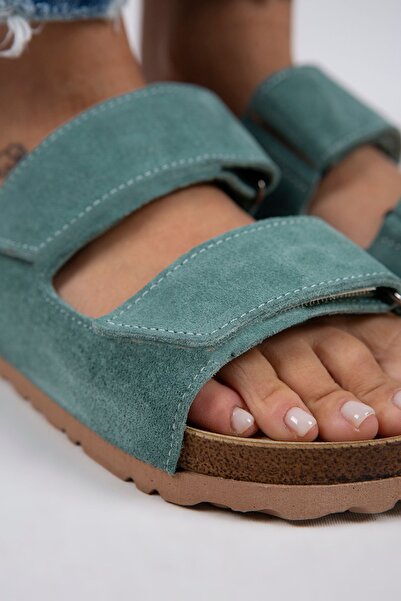 Manijero Γυναικείες παντόφλες Vina από γνήσιο δέρμα διπλό Velcro Mint Green