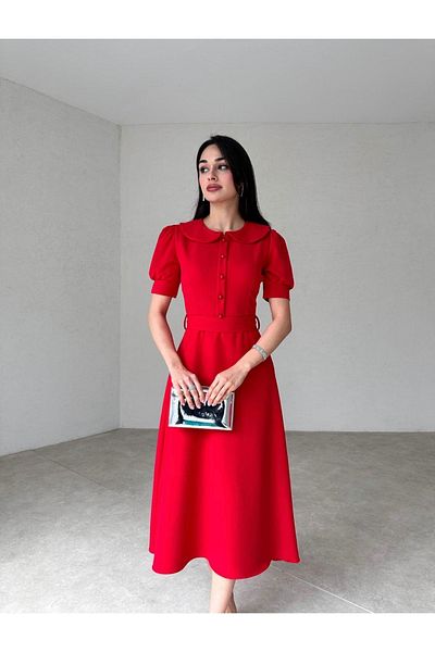 Afiş Butik Rochie midi roșie cu guler pentru bebeluși, cu nasturi în față
