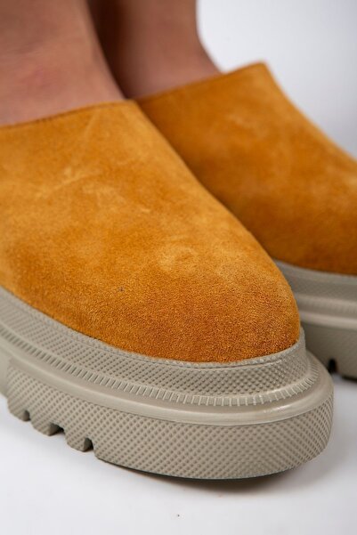 Manijero Edna Women's Genuine Leather Laceless Mustard - Suede Slippers