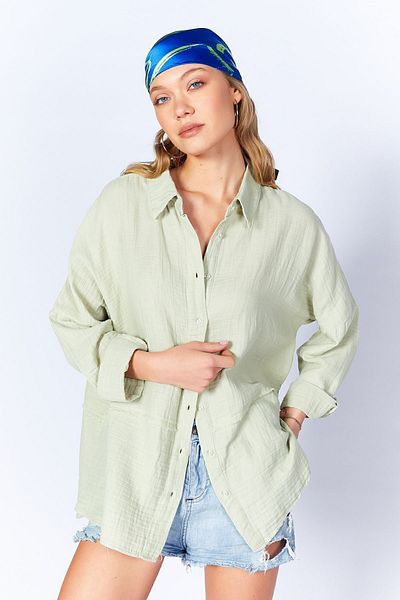 Manche Muslin Long Washed Oversize Comfortable Fit Piece Women's Solid Basic Shirt |   Cagla Mks 166905 -01