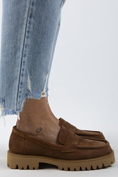 Manijero Cepmen Women's Genuine Leather Cornered Loafer Tan Suede Shoes