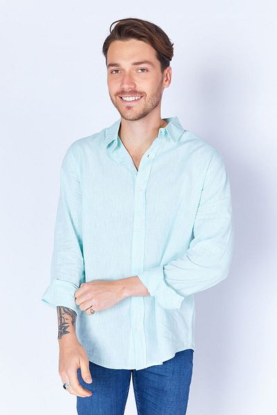 Manche Mint Linen Blended Comfortable Cotton Shirt - Long Sleeve MES128040-01