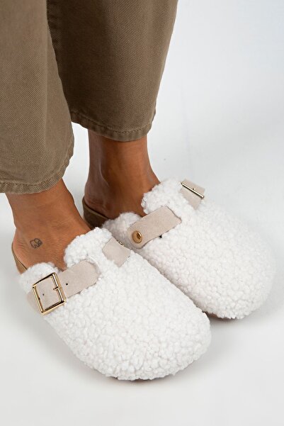 Manijero Suzen Papuci de damă din blană textilă din piele naturală cu cataramă albă - bej