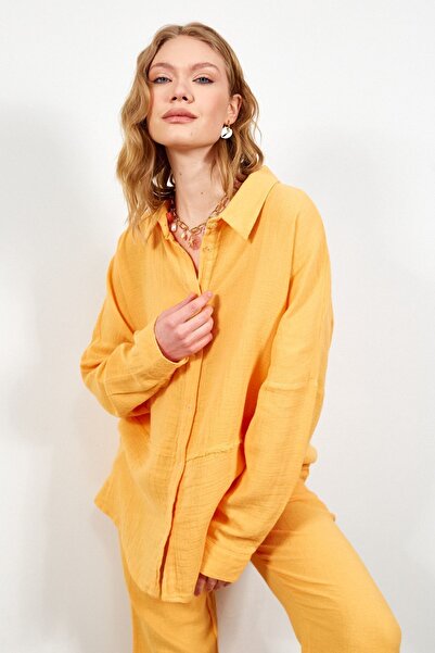 Manche Müslin Uzun Yıkamalı Oversize Rahat Kalıp Parçalı Kadın Düz Basic Göml...