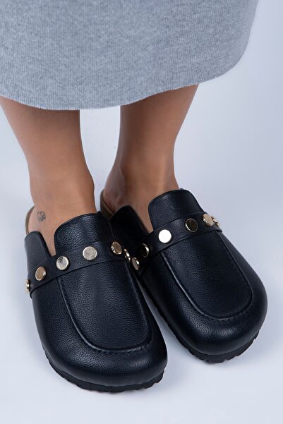 Manijero Γυναικείες παντόφλες Bonita Γνήσιο Δερμάτινο Καρφωτό Μαύρο - Χρυσό