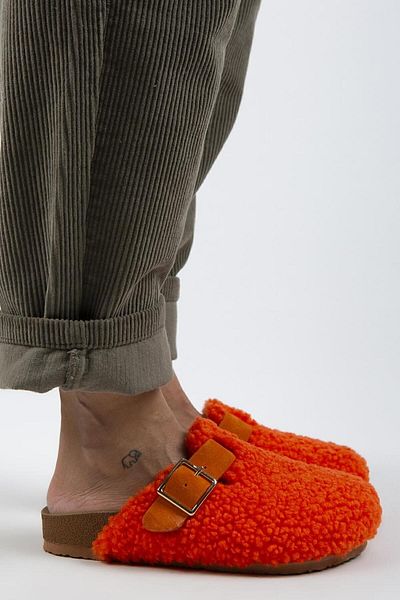 Manijero Suzen Teddy női textil szőrme valódi bőr övcsatos narancssárga papucs