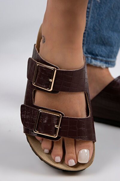 Manijero Croco Women's Genuine Leather Double Buckle Crocodile Claret Red Slippers