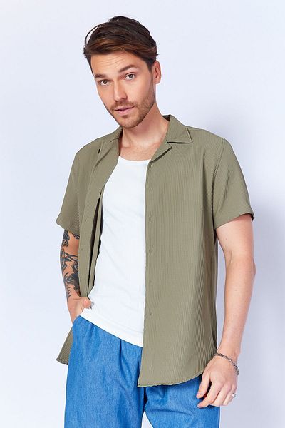 Manche Flexible Ottoman Texture - Apricot Collar Short Sleeve Men's Shirt [Khaki MJS117839-01]