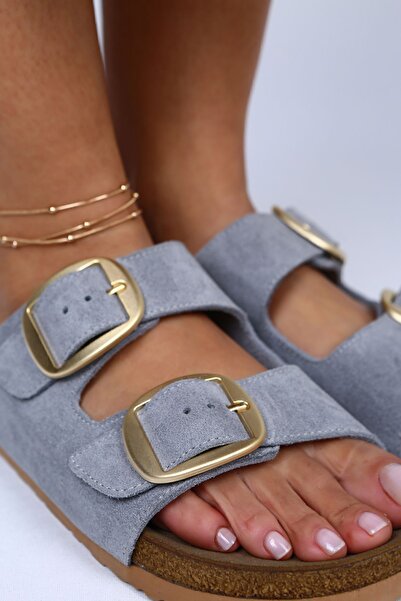 Manijero Irene Genuine Leather Double Buckle Gray Slippers