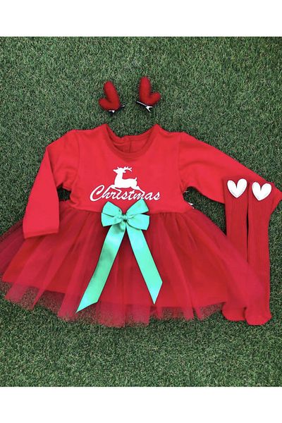 Kokosh kidss Baby Girl Christmas New Year Heart Dress and Socks Set (Not Included Buckle)