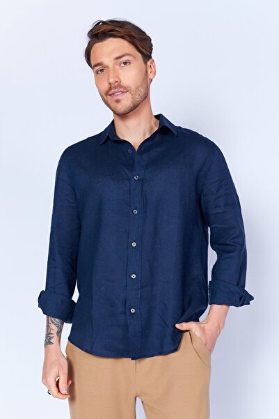 Manche %100 Keten Rahat Kesim Uzun Kol Gömlek Lacivert | MES128043-01