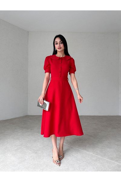 Afiş Butik Rochie midi roșie cu guler pentru bebeluși, cu nasturi în față