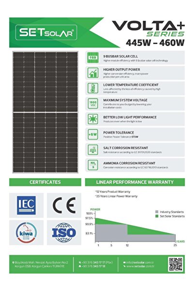 SET Solar 455 Waat A Class 144pm Hücre Half Cut 40 Mm Çerçeveli Güneş Paneli