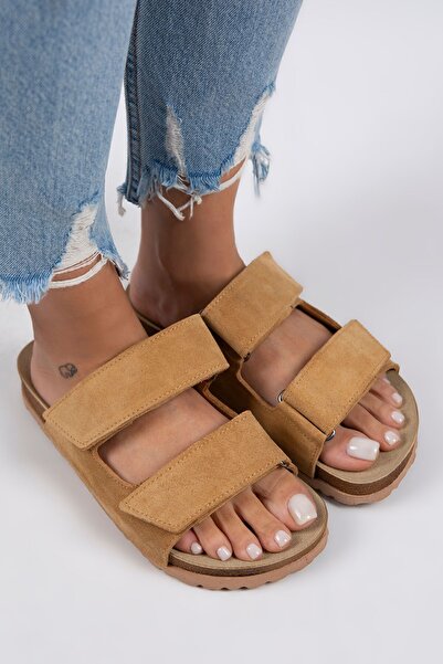 Manijero Γυναικείες παντόφλες από γνήσιο δέρμα Vina με διπλό Velcro Light Mustard