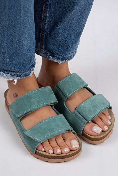 Manijero Γυναικείες παντόφλες Vina από γνήσιο δέρμα διπλό Velcro Mint Green