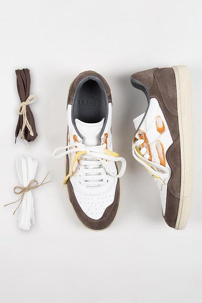Krahe Artemis Men's Sneakers - Genuine Leather, Antique Hand Painted, Laces and Spare Laces, White-mink