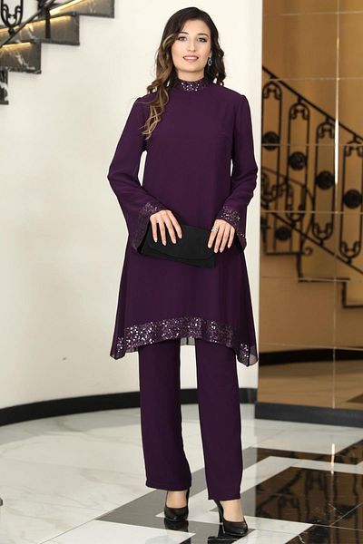 DENİMİNİ Hijab Evening Dress - Chiffon Sequin Detailed, Long Sleeve Tunic and Trousers Set