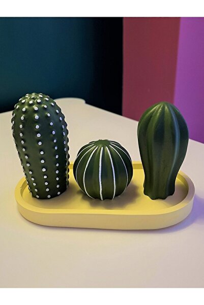 MozzArt Dekoratif 3'lü Kaktüs Biblo & Sunum Tabağı Hediyelik